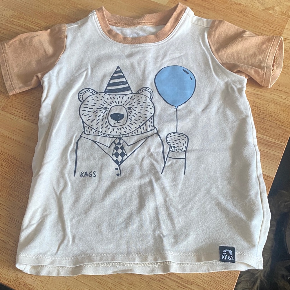 Rags to Raches Bear and Balloon Tee - White, Tan, and Blue